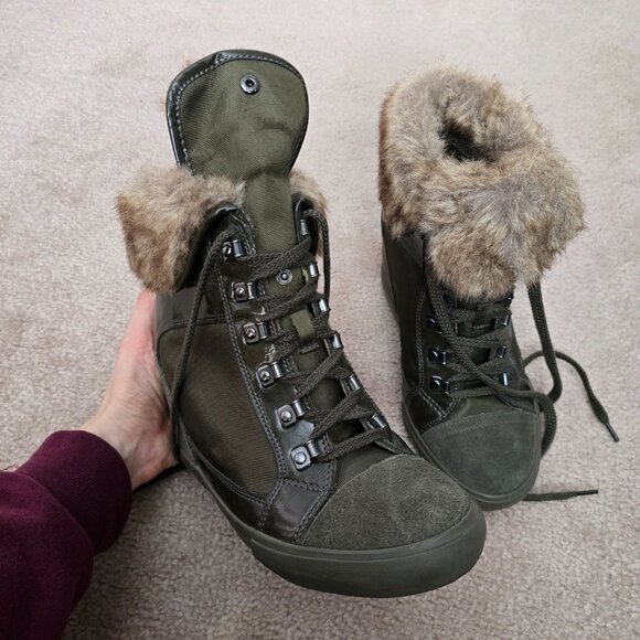 Aldo Army Green Faux Fur Wedge Sneaker / Ankle Bootie - Size 8.5 - Picture 6 of 10